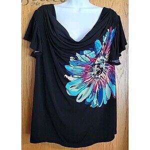 Notations Stretch Knit Top Size 2X Black Floral Cowl Neck Flutter Sleeve